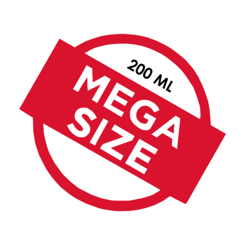 Red circular logo with black background, text says 'MEGA SIZE' crossing the circle.
