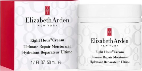 Elizabeth Arden moisturizer in a white jar and box with red accents and black text.