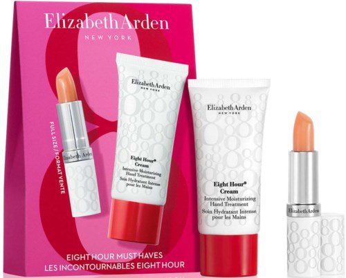 Elizabeth Arden Eight Hour -sarja, sisältää kaksi huulipunaa ja käsivoidetta pinkissä pakkauksessa.