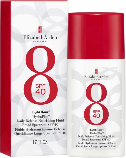 ihonhoitopullo, jossa punainen kansi ja valkoinen etiketti, jossa lukee Elizabeth Arden ja SPF 40.