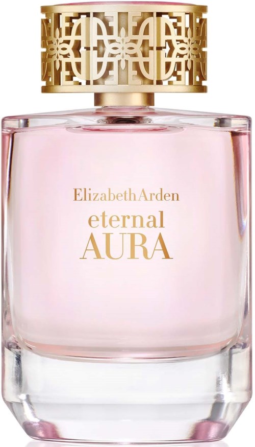 Eine rosa Parfümflasche mit goldener Dekokappe und goldenem Text, der Elizabeth Arden eternal AURA liest.