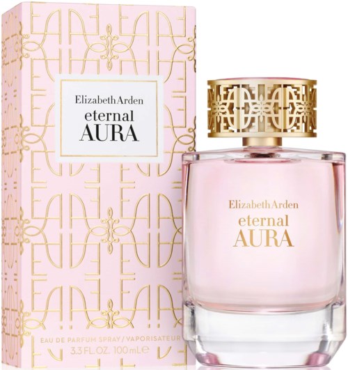 Eine rosa Parfümverpackung und Flasche mit der Bezeichnung Elizabeth Arden eternal AURA mit einem goldfarbenen geometrischen Deckel.