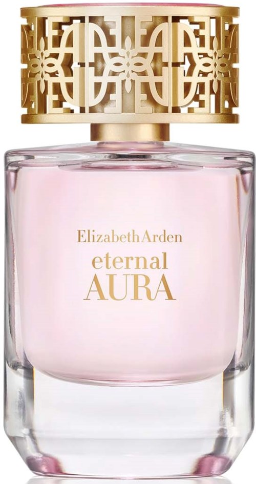 Butelka perfum z różową cieczą i złotą ozdobną zakrętką, oznaczona Elizabeth Arden eternal AURA.