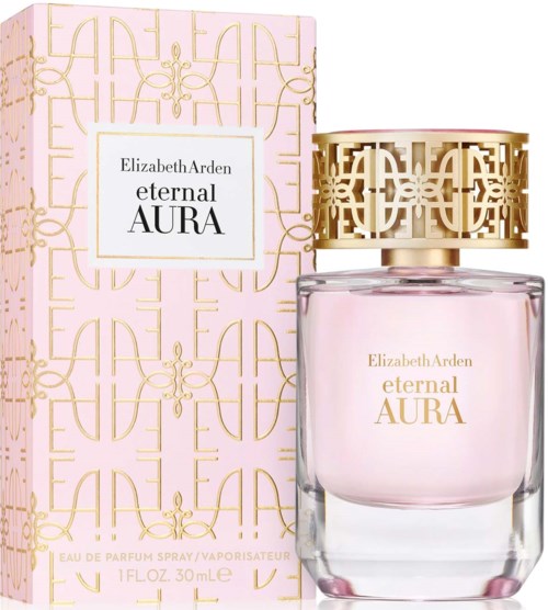 Puszka perfum z różowym płynem, złotą nakrętką i eleganckim opakowaniem z złotymi literami i wzorami.