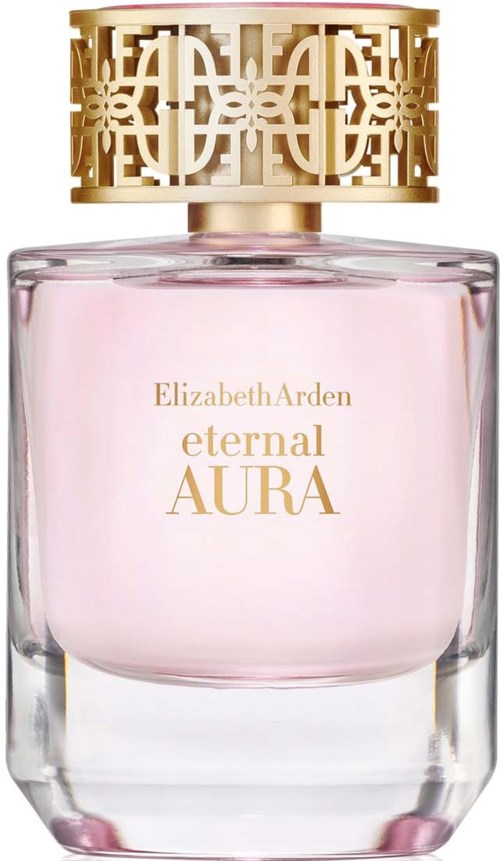 Ein Parfümflasche mit rosa Flüssigkeit, goldener Kappe und Etikett mit Elizabeth Arden eternal AURA.