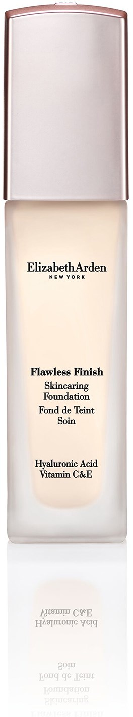 En flaske med Elizabeth Arden Flawless Finish hudgrunnlag med rosahette.