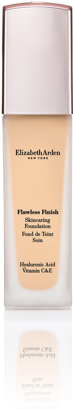 En flaske Elizabeth Arden Flawless Finish Foundation med sølvhette og beige væske inni.