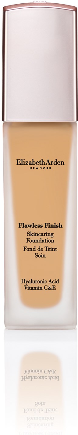 Eine hohe, klare Flasche mit weißem Deckel, enthält Make-up mit der Bezeichnung 'Elizabeth Arden Flawless Finish'.