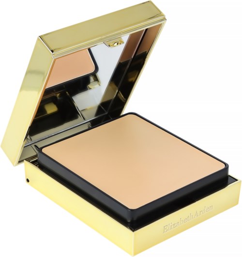 Ein goldener Kompakt mit einem Spiegel und hellbeigem Puder. Es trägt die Marke Elizabeth Arden.