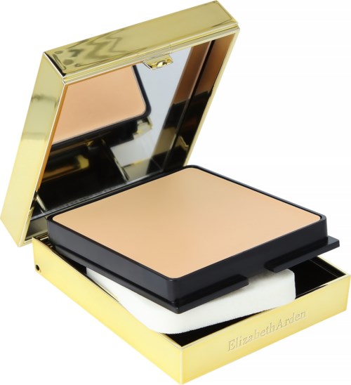 Ein kompaktes Make-up-Puder mit Spiegel, goldfarben und Markennamen Elizabeth Arden.