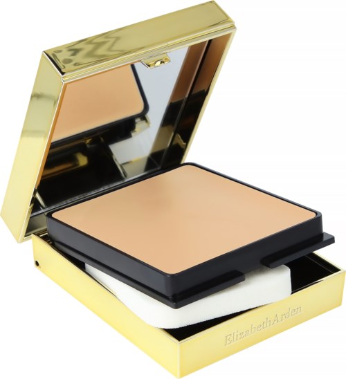 Kleine Make-up-Box mit Spiegel, goldfarbenem Gehäuse und Puder.