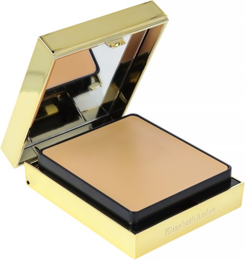 Gouden compacte met spiegel bevat gepoederde make-up.