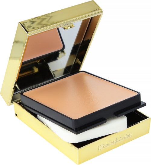 Ein kompakter Puder mit Spiegel, goldfarbenem Gehäuse und Elizabeth Arden-Branding.