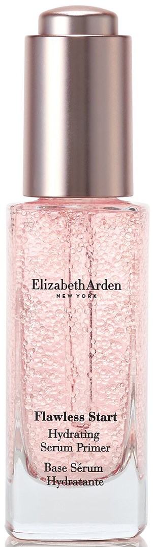 A clear bottle with pink liquid inside, labeled Elizabeth Arden Flawless Start Hydrating Serum Primer, silver cap.