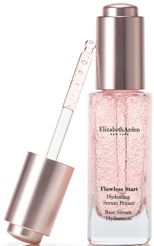 A pink hydrating serum primer in a clear bottle with a silver cap and a dropper. The label shows the brand Elizabeth Arden.