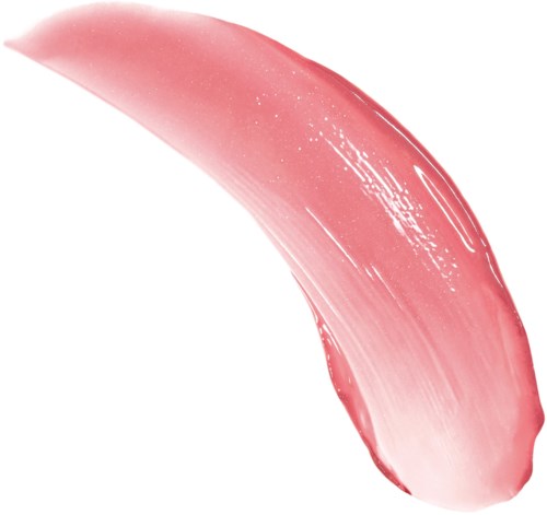 A pink, curved brush stroke with a glossy finish on a white background.