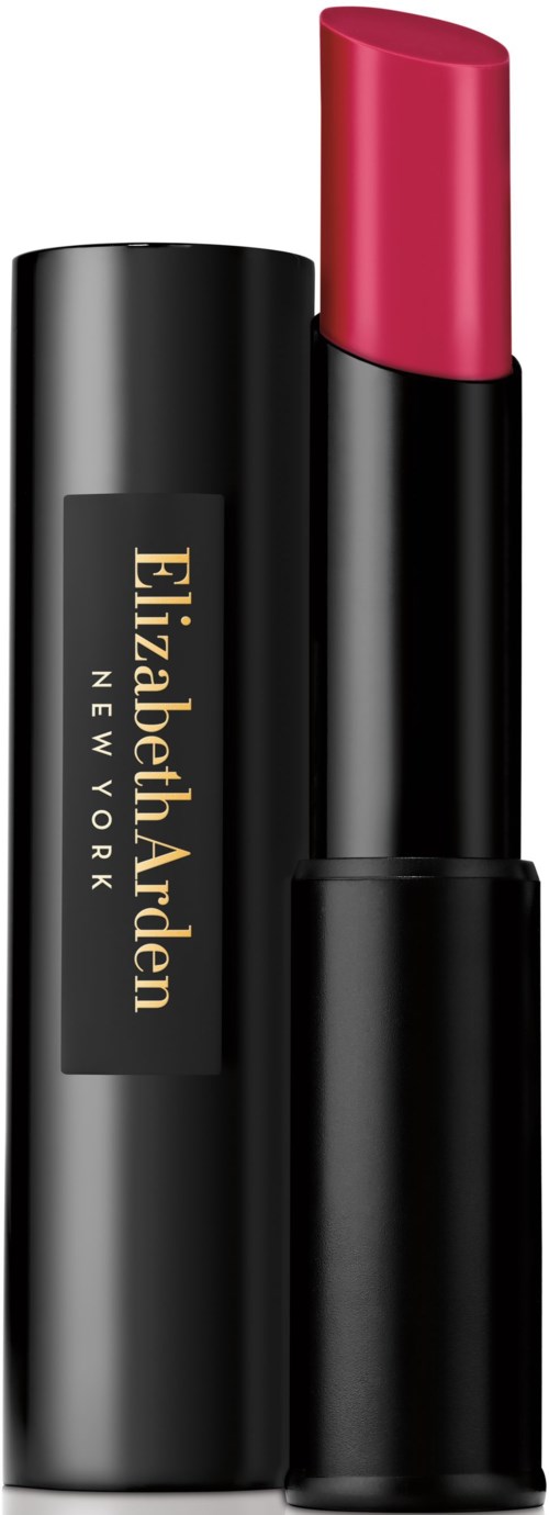 Ett läppstift i ett svart rör med guldtext, visar den rosa färgen på läppstiftet. Det är från Elizabeth Arden.