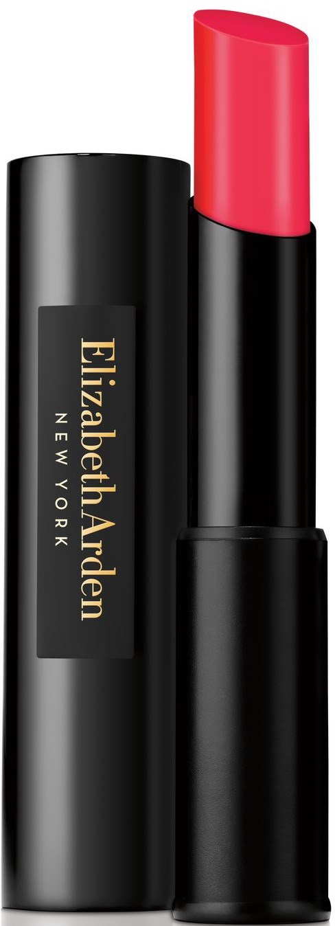 Ett läppstift med öppen röd spets i ett svart rör, märkt Elizabeth Arden New York.