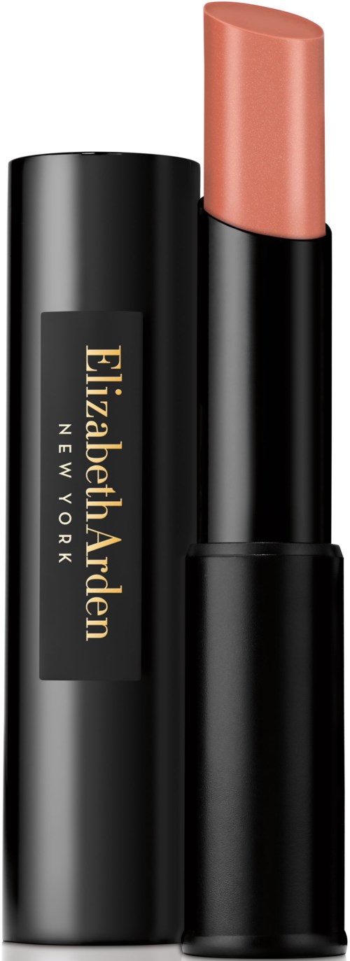 Ett svart läppstift med en persikofärgad läppstiftstift. Rör med en guldburk som säger 'Elizabeth Arden NEW YORK'.