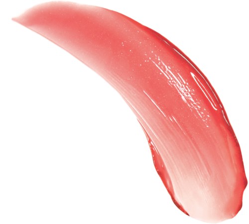 Ett streck av rosa-röd läppstift med glänsande, slät yta på vit bakgrund.