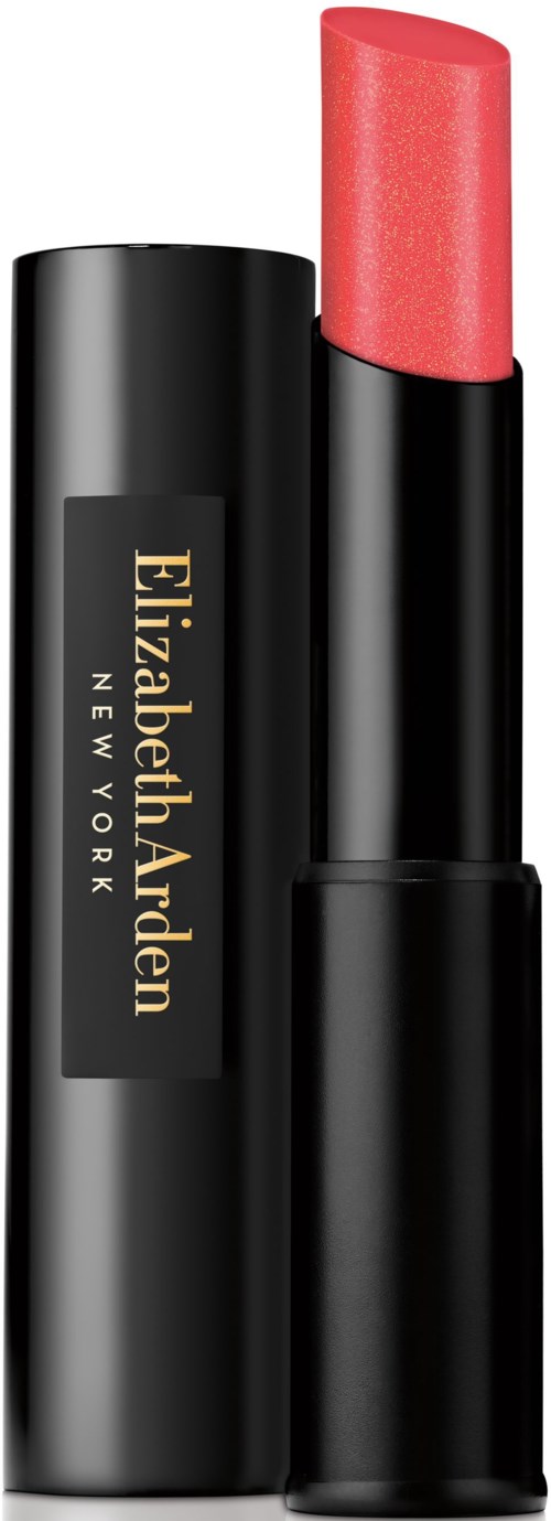 Ett läppstift i svart fall med ett rosa-rött läppstift och Elizabeth Arden-etikett.