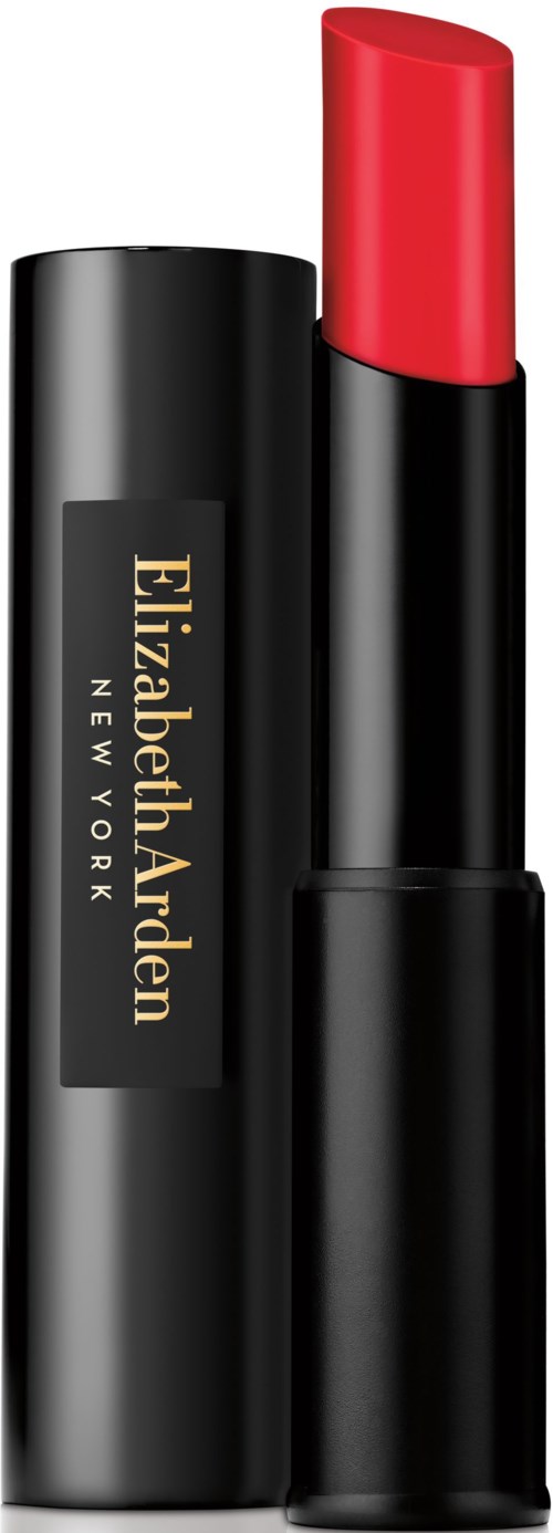 En svart läppstiftstubbel med Elizabeth Arden-märke, med röd läppstift som visar.
