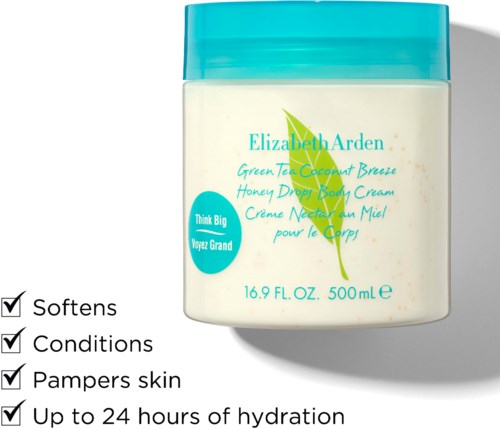 En beholder av Elizabeth Arden Green Tea Coconut Breeze kroppskrem med beskrivende funksjoner på siden.
