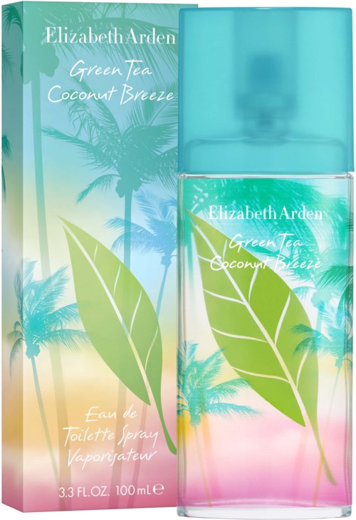 A colorful perfume bottle and box with green leaves and palm trees, labeled Elizabeth Arden Green Tea Coconut Breeze.