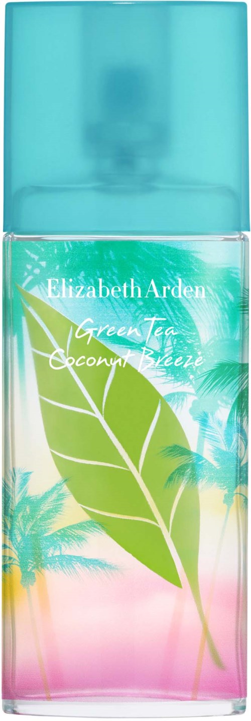 A spray bottle with a pink, green, and blue tropical leaf design, labeled 'Elizabeth Arden Green Tea Coconut' on it.