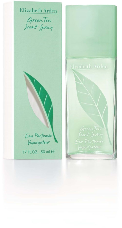 En parfyllflaska med grön tebladdesign, förpackad i mjuka gröna färger, märkt Elizabeth Arden Green Tea Scent Spray.
