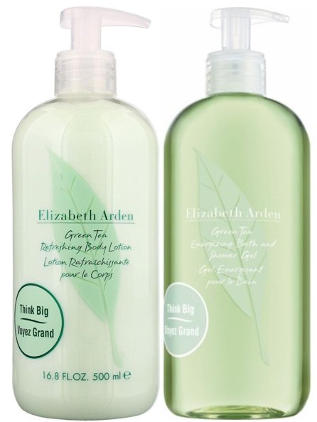 Two bottles of Elizabeth Arden Green Tea lotion, one for body and one for hand, with green leaves on the labels.