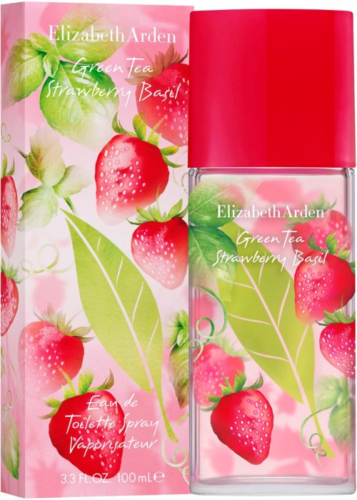 En parfymeflaske og eske dekorert med jordbær og grønn te-blader, merket Elizabeth Arden Green Tea Strawberry Basil.