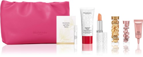 En rosa väska med hudvårds- och makeupprodukter, inklusive krämer, läppstift och kapslar, ordentligt arrangerade.