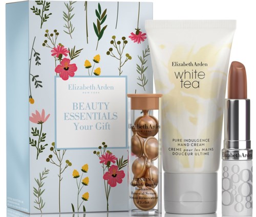 Ett presentset med hudvårds- och skönhetsprodukter, inklusive handkräm, serum och läppstift, i blommig förpackning.
