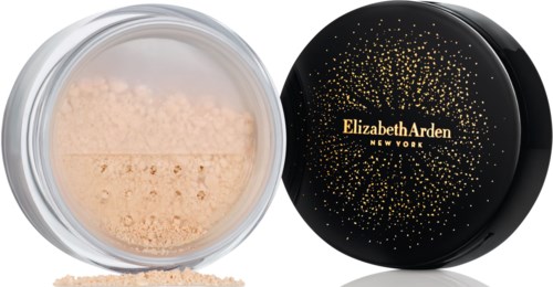 Słoiczek z sypkim pudrem, czarna nakrętka z złotymi kropkami i logo Elizabeth Arden.