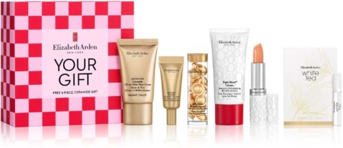 Diverse Elizabeth Arden hudvårds- och skönhetsprodukter med en presentförpackning.