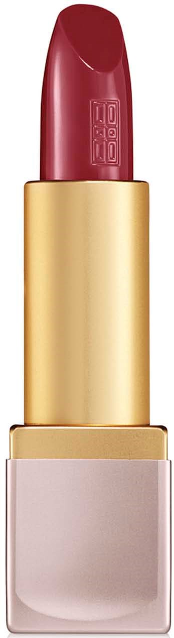 En leppestift med rød nyanse, gulltube og en lyserosa base. Den ser skinnende og elegant ut.