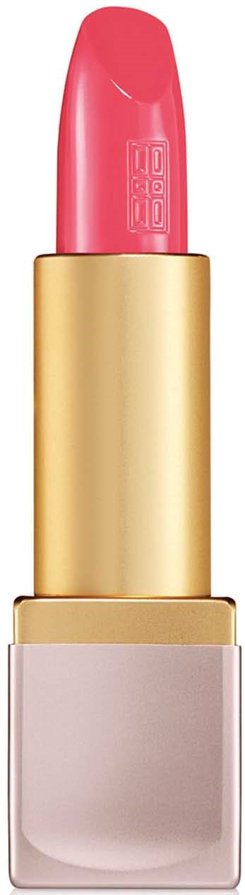 En rosa leppestift i et gull- og beige rør. Leppestiften er litt utvint, klar til bruk.