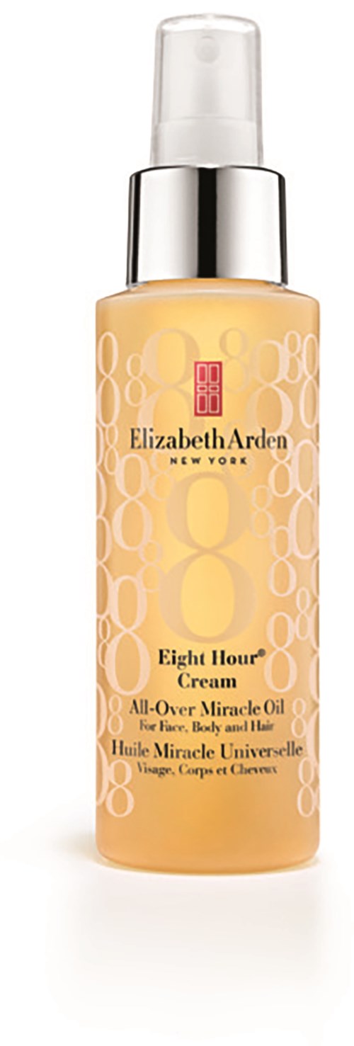 Elizabeth Arden Eight Hour Cream fuktighetskräm i liten pumpflaska med gul nyans och dekorativa bubblor.