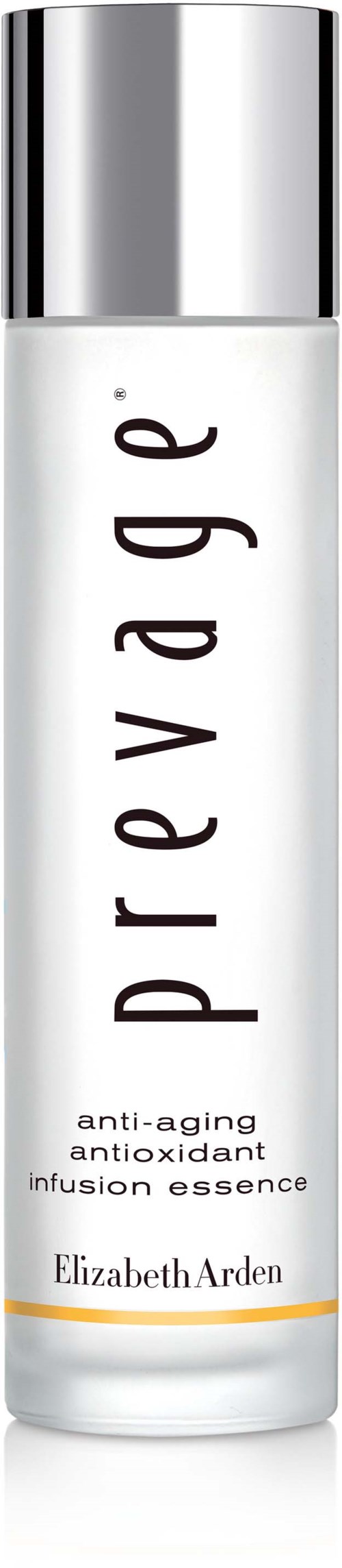 Een witte fles met een zilveren dop, gemerkt 'Prevege' en 'Elizabeth Arden,' waarschijnlijk een huidverzorgingsproduct.