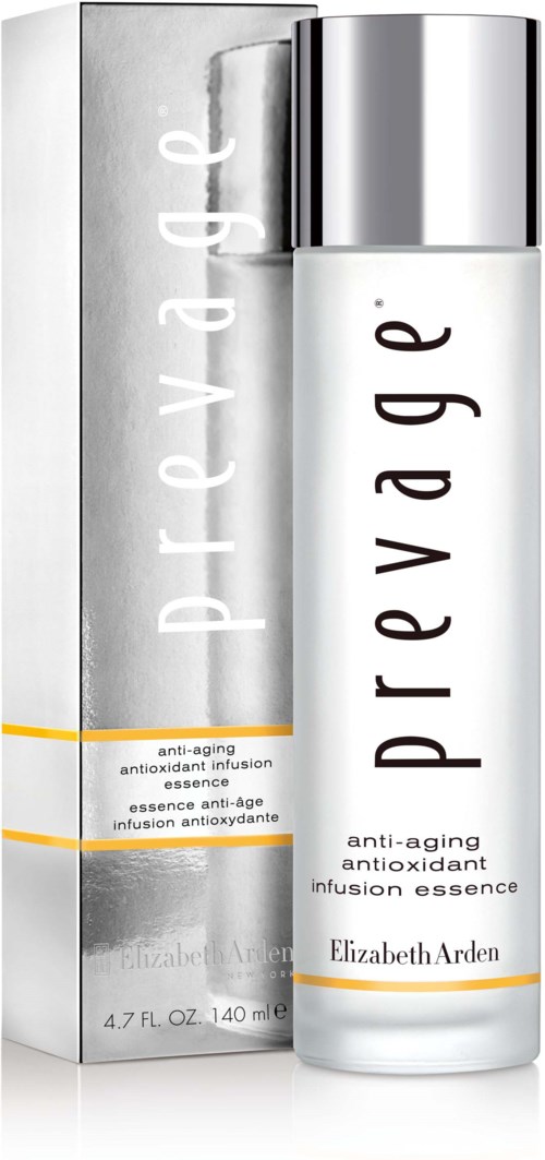 Een witte fles met een zilveren deksel, gelabeld 'Prevage', naast een doos van hetzelfde product.