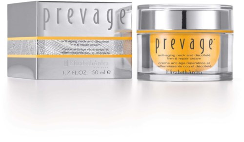 En burk och ett paket av Elizabeth Arden Prevage anti-aging hudvårdscreme, silver och gult design. Burken är tydlig med gul kräm inuti.