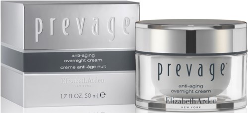 En burk med Elizabeth Arden Prevage anti-aging nattkräm och dess box.