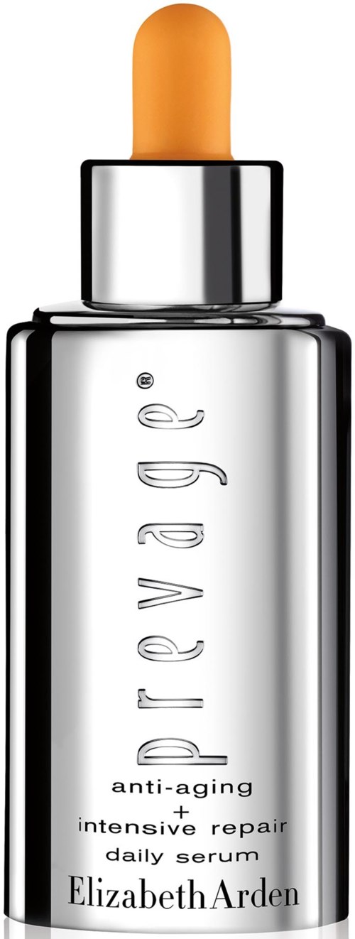 En silverflaska med dropper, märkt 'Prevaige', ger anti-age- och reparationsserum av Elizabeth Arden.