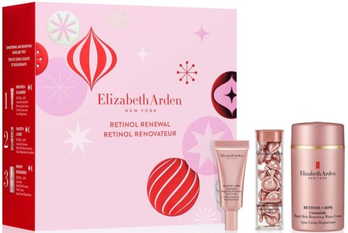 Elizabeth Arden Retinol Renewal ihonhoitosetti pinkillä ja punaisella pakkauksella, sisältää rasia, tuubi ja kapseliastia.