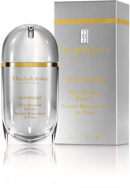 En silverfärgad flaska och förpackning av Elizabeth Arden-produkten Superstart Skin Renewal Booster.
