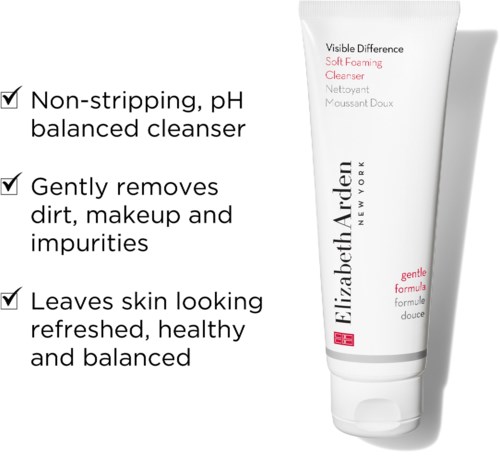 Text listing benefits of a pH balanced, gentle cleanser that removes dirt, makeup, and impurities, leaving skin refreshed and healthy.