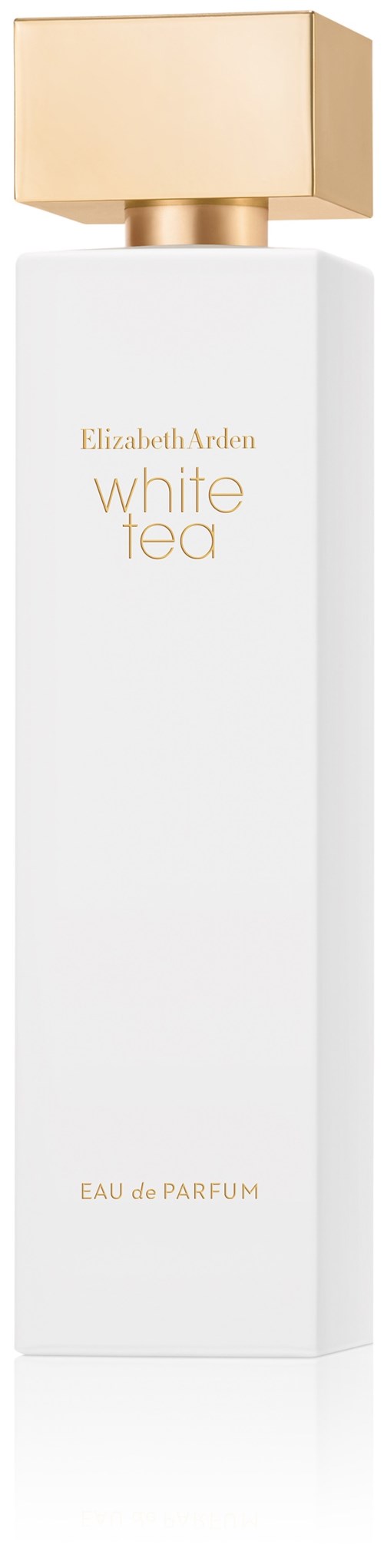 En lång, vit parfyllflaska med ett guldlock och gul text som säger 'white tea' och 'Elizabeth Arden.'