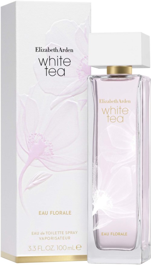 Butelka perfum i pudełko oznaczone 'Elizabeth Arden White Tea' z delikatnym różowym i białym kwiatowym wzorem.