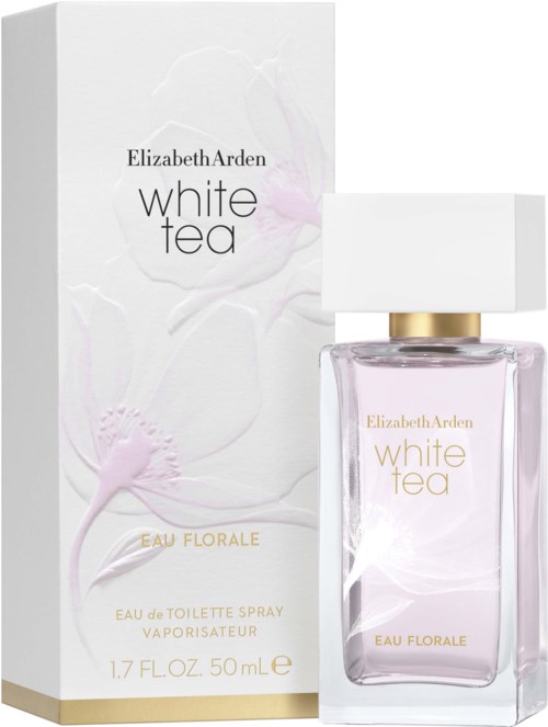 Ett parfymflaska och box kallad Elizabeth Arden White Tea, Eau Florale, med rosa vätska inuti.